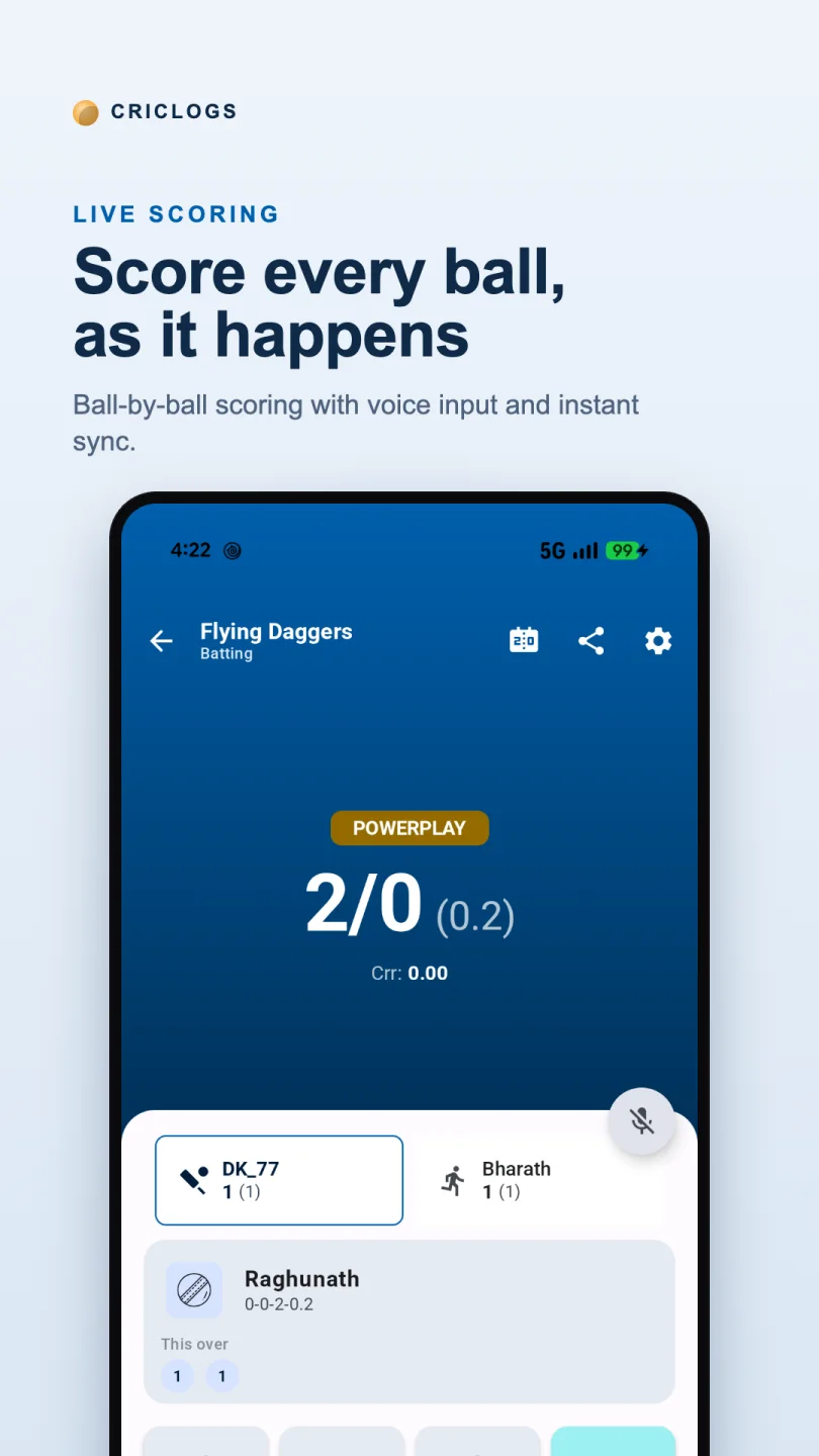 CricLogs ball-by-ball live cricket scoring screen