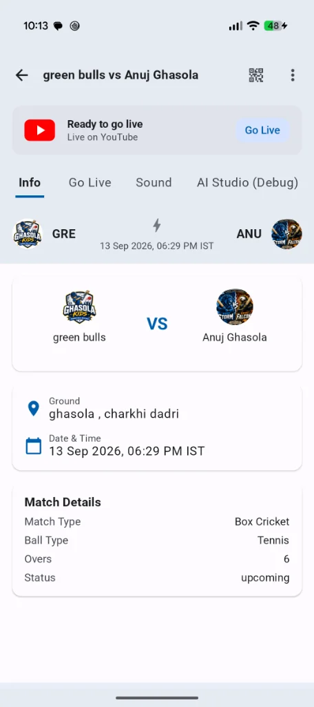 CricLogs match screen showing the Go Live tab with Ready to go live prompt, teams green bulls vs Anuj Ghasola, venue and match details